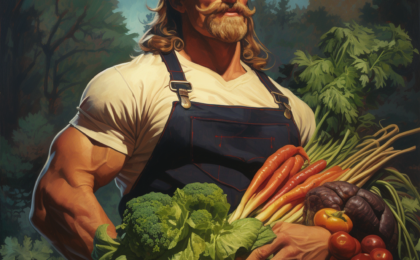 Homme très massif portant des légumes