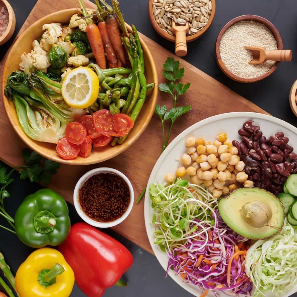 plats de végétaux : avocat, citron, poivrons, pois chiches, tomates cerises, carottes, asperges, chou rave, graines germées, salade, champignons, brocolis, chou de bruxelles, persil, graines, concombres sur une planche en bois