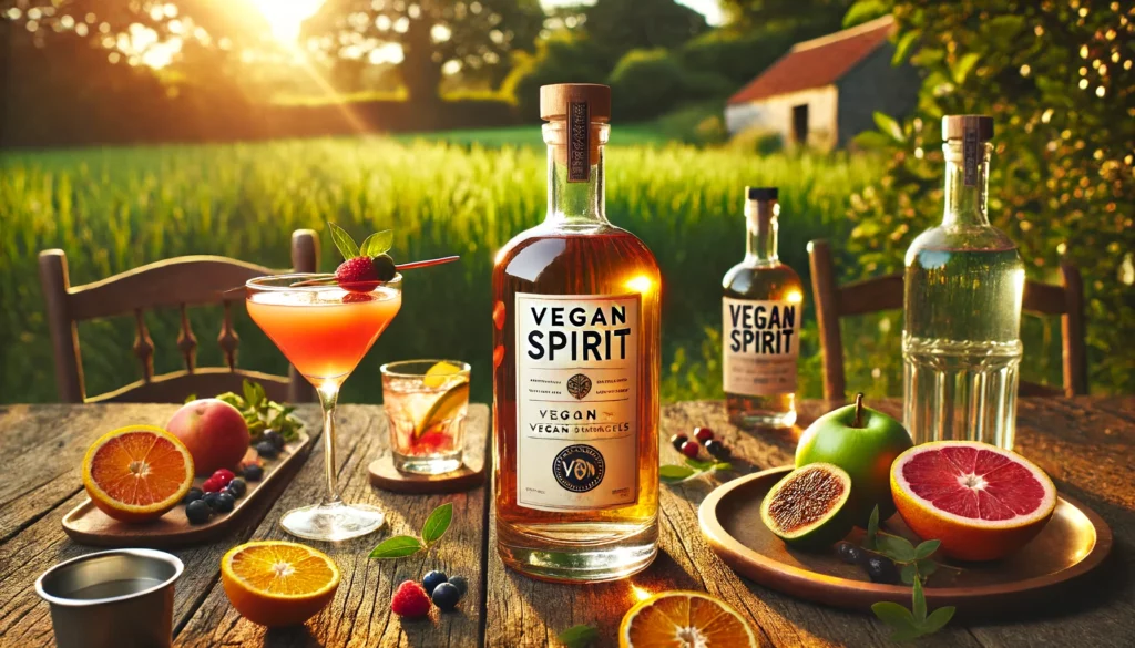 Buffet vegan avec une bouteille d'alcool sur une table en bois face à la nature