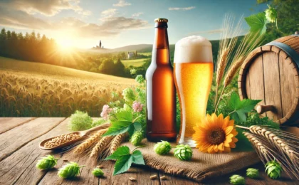 Bière posée sur une table en bois au milieu d'un champ
