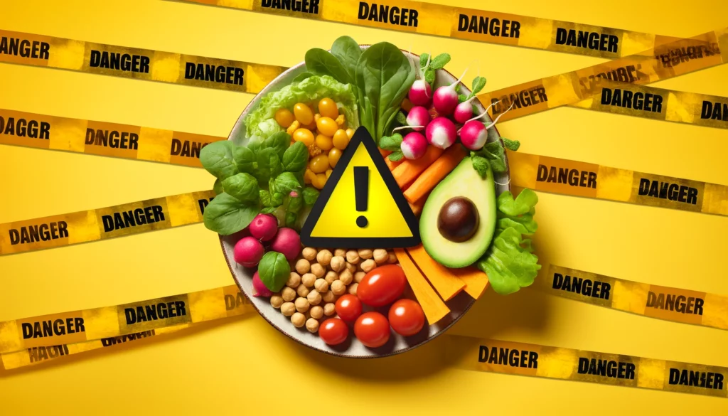Plat vegan avec un panneau et des banderoles "danger"