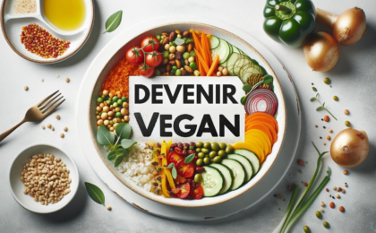 Plat végétalien avec écrit "DEVENIR VEGAN" dessus