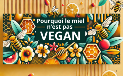 Affiche avec des aliments vegans, des abeilles et un titre "Pourquoi le miel n'est pas vegan"