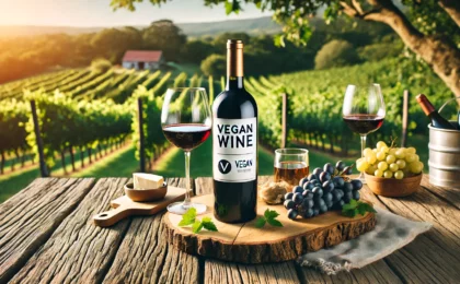 Bouteille de vin vegan sur une table en bois devant une étendue de nature